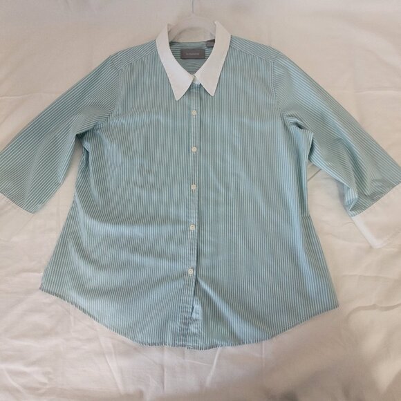 Teal Blue & White Pin Stripe Blouse XL Liz Claiborne - Picture 7 of 16